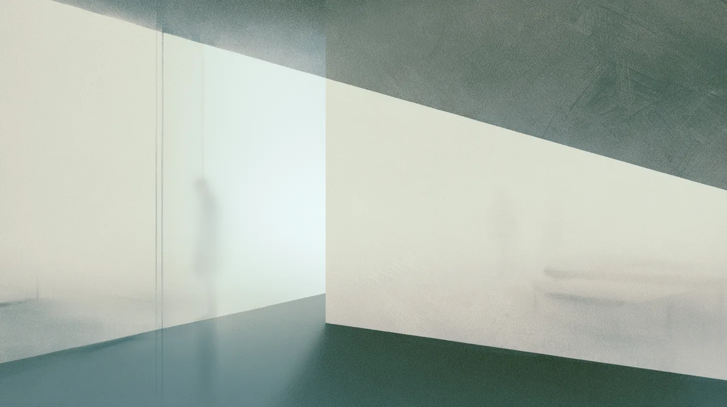 Blurred figures separated by translucent architectural walls in a quiet reflective interior.