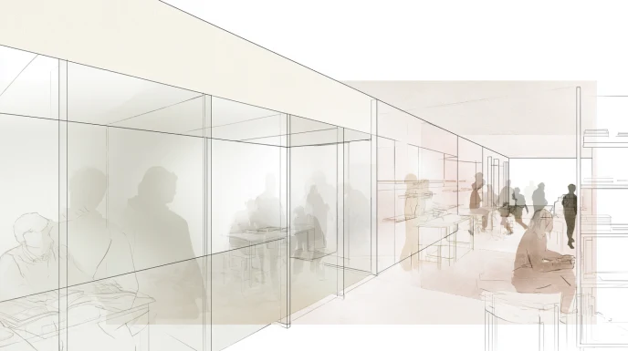 A pale communal interior with glass partitions, faint reflected silhouettes, seated figures, and open shared space receding into soft daylight.