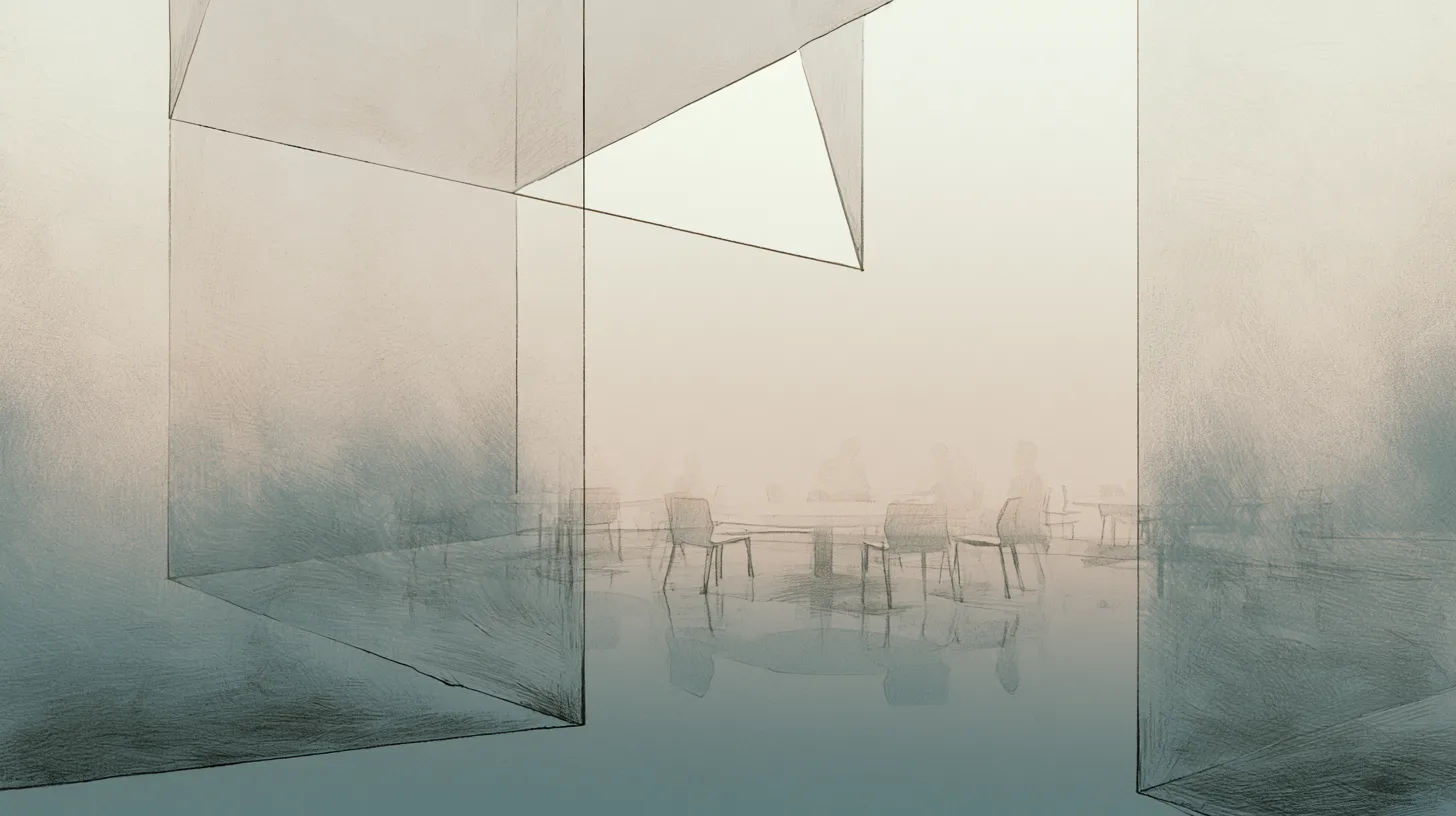 Several figures seated within a layered communal recovery environment partially separated by translucent geometric partitions.