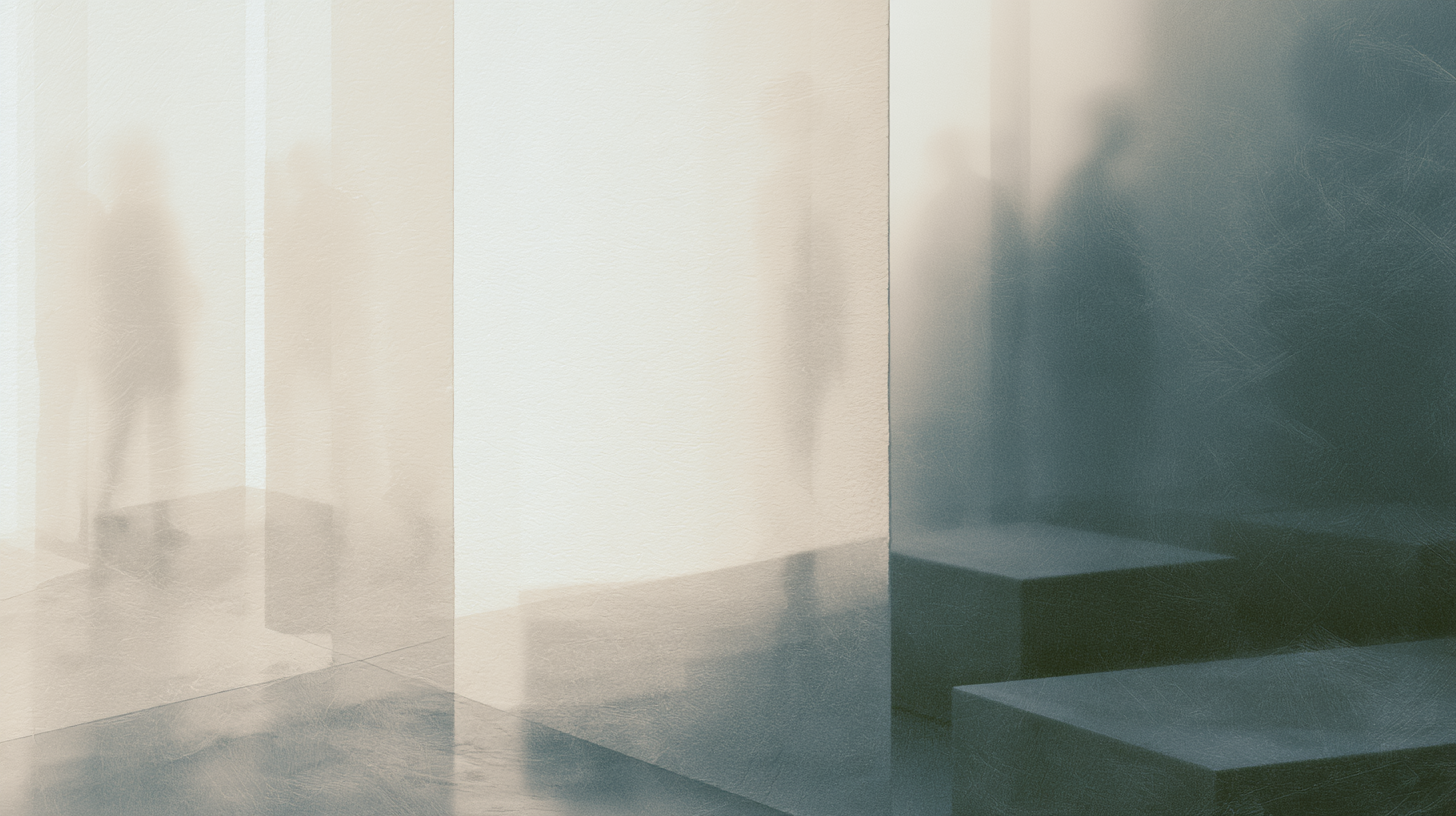 Blurred human figures separated by translucent architectural panels in a reflective minimalist interior.