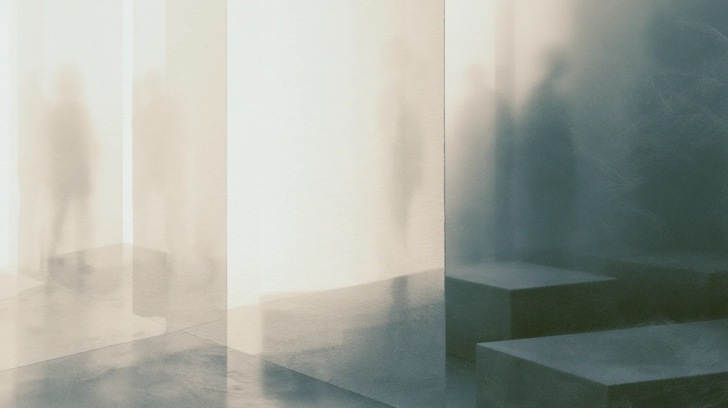 Blurred human figures separated by translucent architectural panels in a reflective minimalist interior.