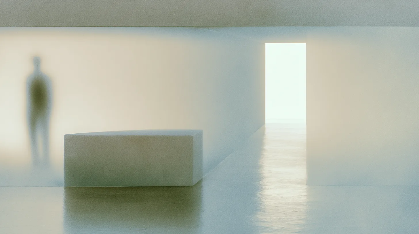 A blurred solitary figure stands within a quiet enclosed space facing an open illuminated passage beyond.