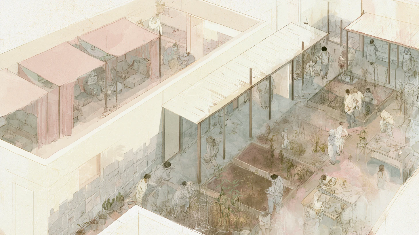 A layered recovery courtyard with shaded seating, covered walkways, garden beds, worktables, and small figures moving quietly through communal tasks.