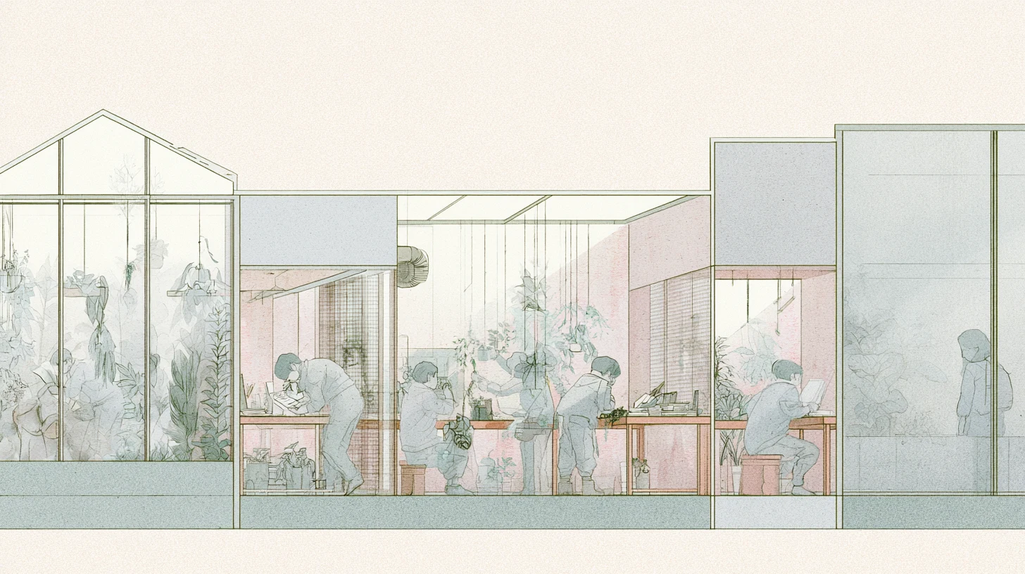 A layered greenhouse-like communal interior shows softened figures working among plants while one figure stands apart behind reflective glass at the edge.
