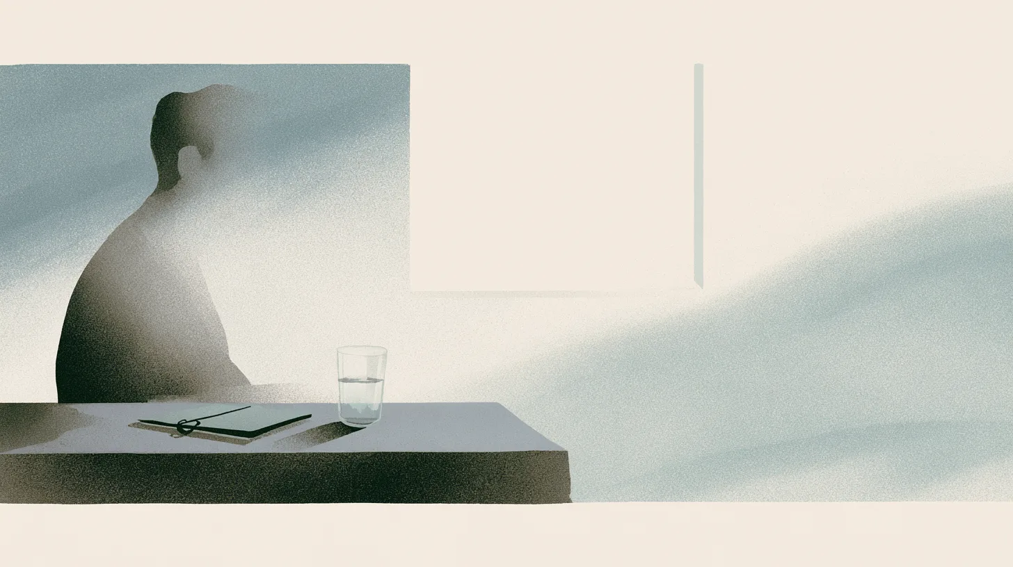 A solitary figure seated at a carefully maintained table with a notebook and glass of water in a restrained recovery-oriented interior filled with soft natural light.