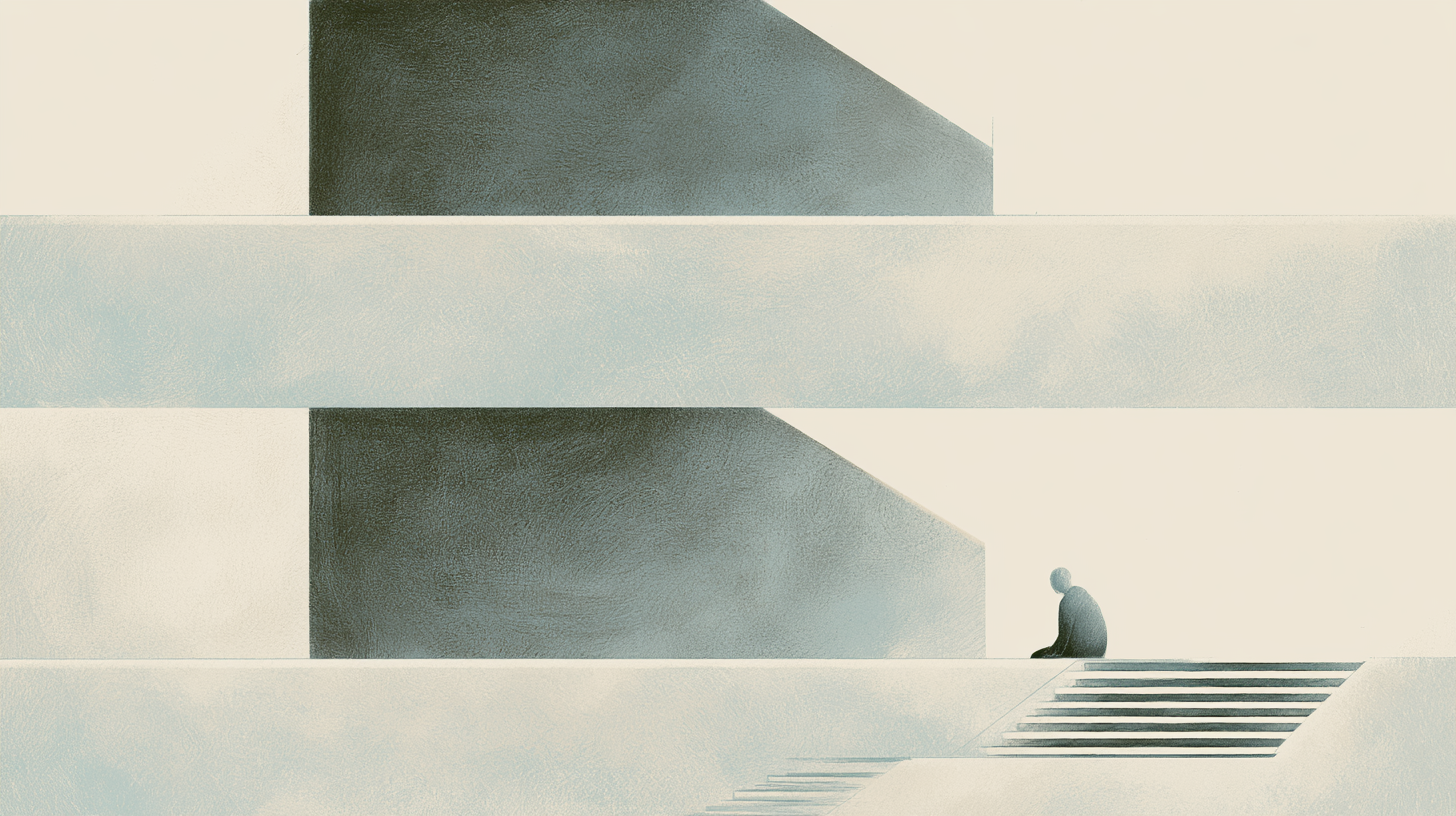 A solitary seated figure within a restrained architectural environment defined by repeating structural forms and soft natural light.