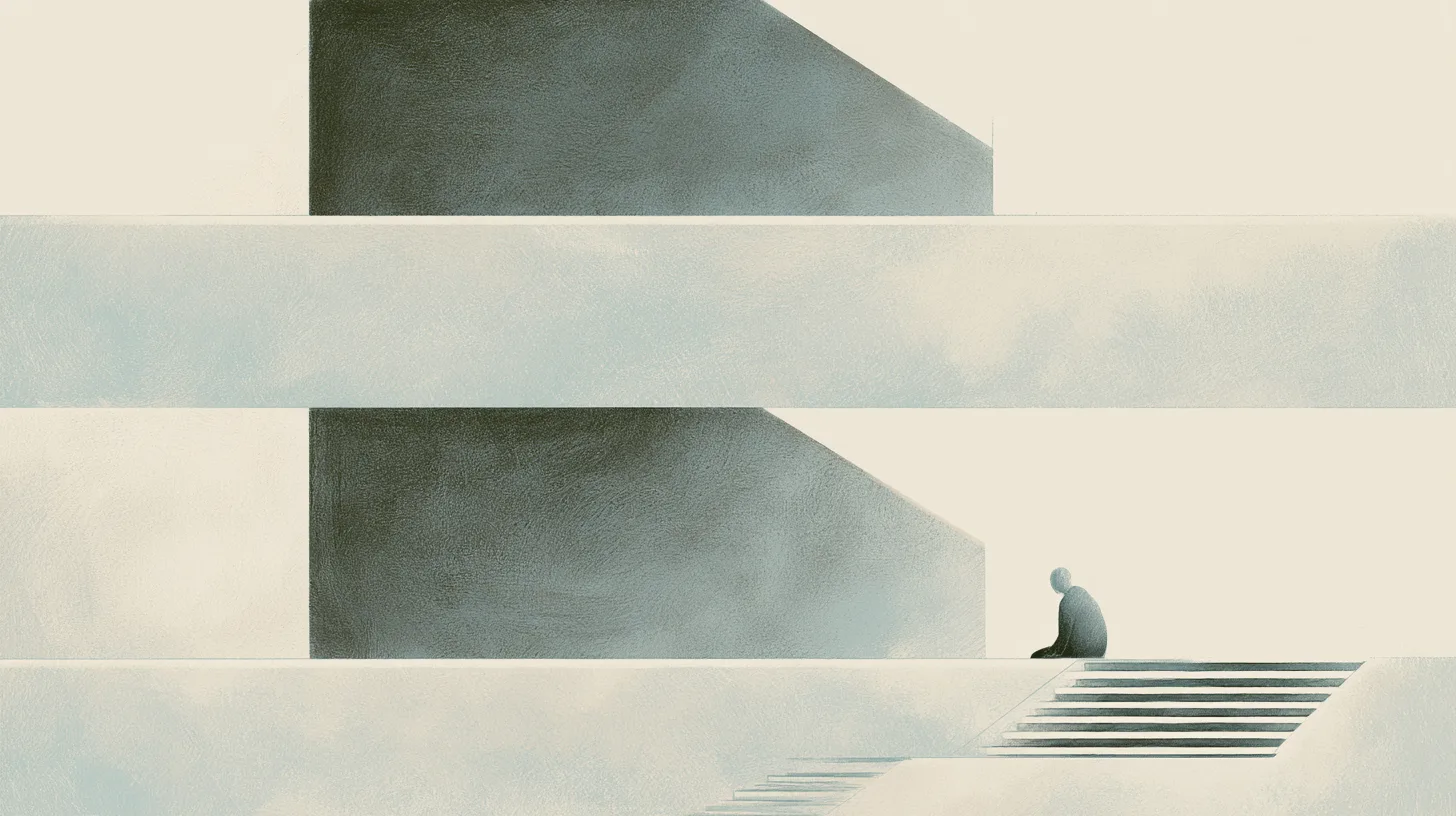 A solitary seated figure within a restrained architectural environment defined by repeating structural forms and soft natural light.