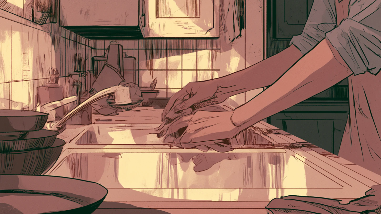 Hands carefully washing dishes in a softly lit modest kitchen, capturing quiet attention, consistency, and care within an ordinary daily routine.