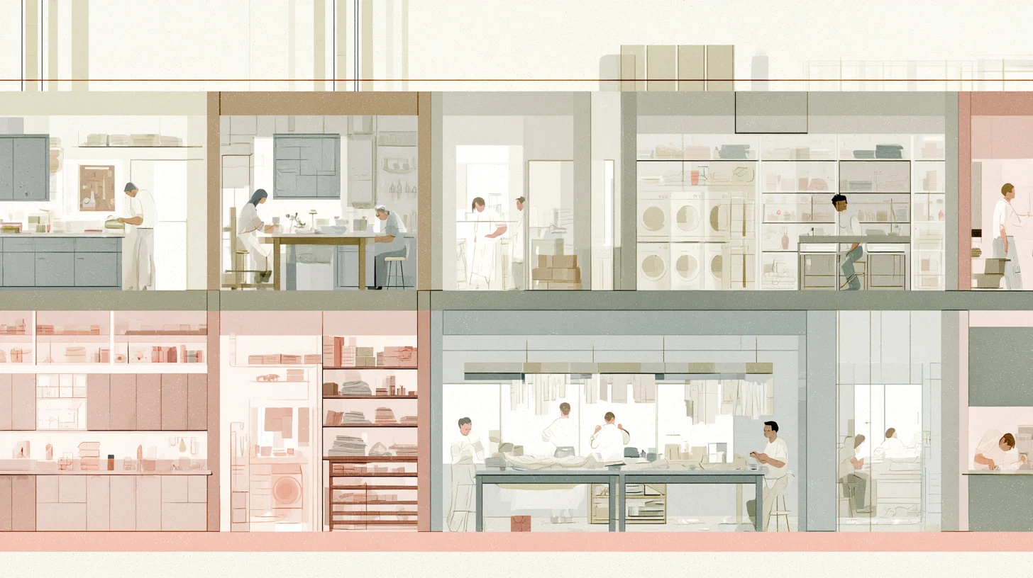 A layered recovery residence shows small figures working quietly in shared kitchens, laundry areas, shelves, and work tables under soft daylight.