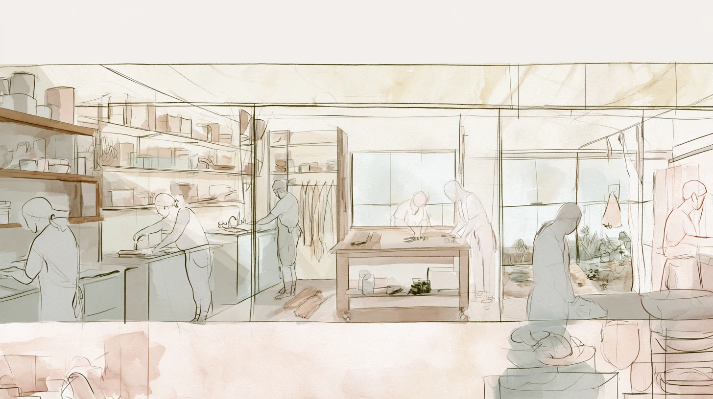 A wide illustrated communal work space with shelves, a sink, a central worktable, soft windows, and several quiet figures tending ordinary tasks.