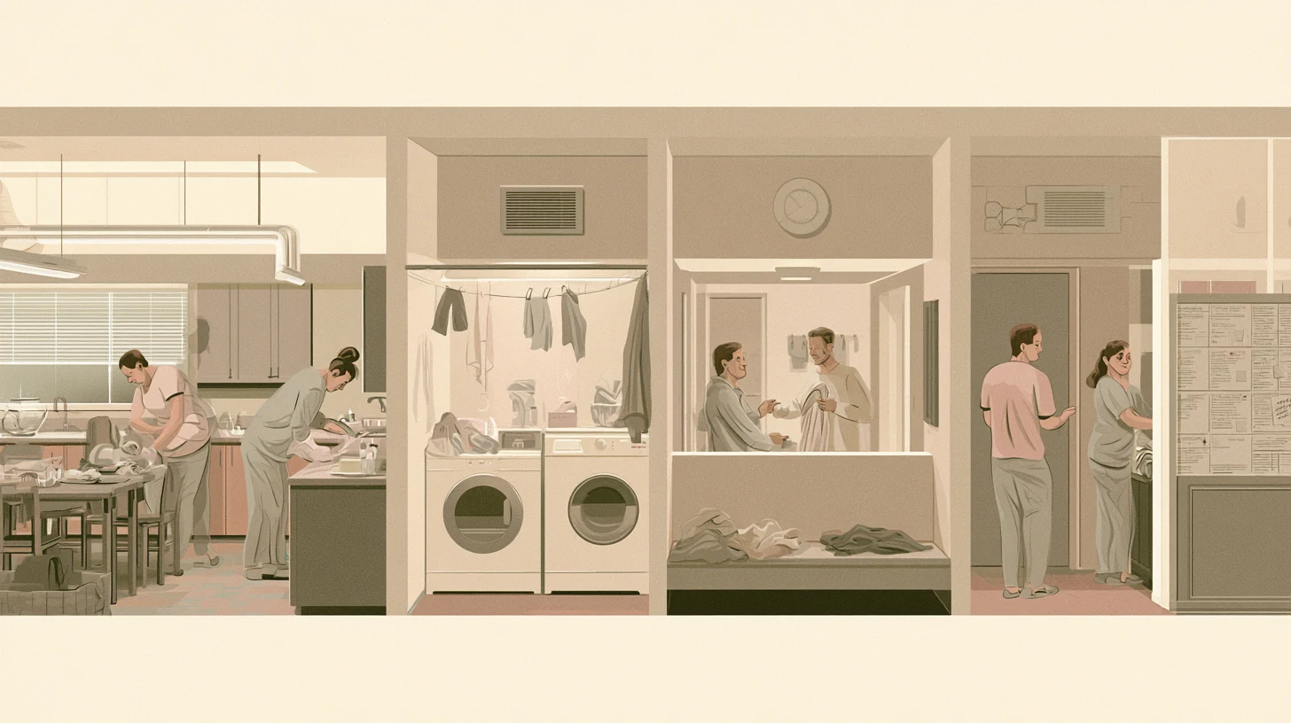 A wide communal residence interior shows people quietly cleaning, folding laundry, organizing belongings, and speaking near a message board in soft afternoon light.