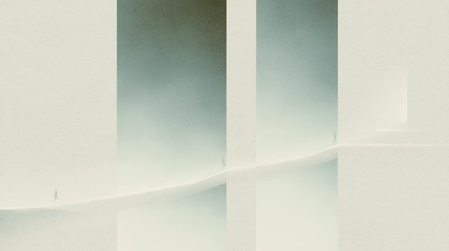 A small solitary figure repeatedly moving through large architectural pathways toward distant points of orientation.