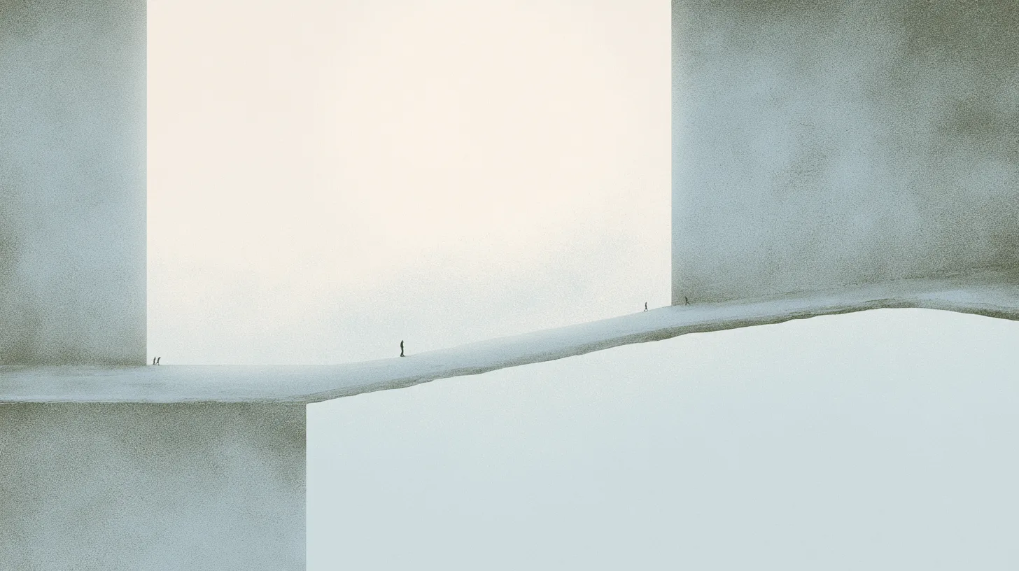 Tiny solitary figures repeatedly traversing monumental architectural pathways that gradually align into coherent directional movement.