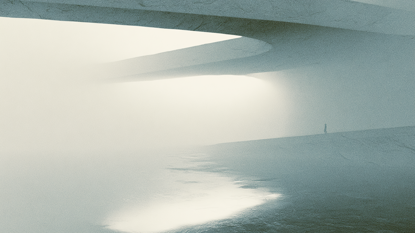 Layered suspended architectural pathways emerging through fog with a solitary figure moving through a restrained institutional space.
