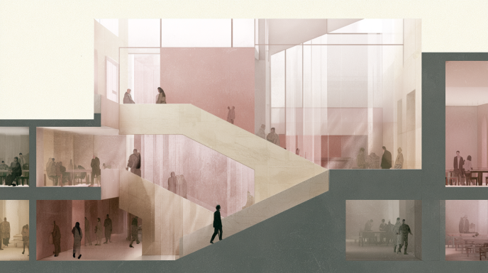 A softly illuminated communal environment organized around quiet movement, shared participation, and subtle directional flow throughout interconnected architectural spaces. Multiple figures move calmly through stairways, transitional paths, gathering areas, and communal interiors while one central figure participates attentively within the larger movement of the environment, suggesting purpose as grounded direction and meaningful participation rather than ambition or performance. Warm daylight moves across pale stone surfaces, translucent partitions, muted interiors, and softly connected circulation spaces, creating an atmosphere of coherence, stability, alignment, and quiet forward motion. Muted cream, faded rose, pale beige, warm stone, soft gray, and desaturated earth palette. Matte textures, atmospheric softness, subtle grain, restrained editorial realism, minimal composition, quiet momentum and lived alignment.