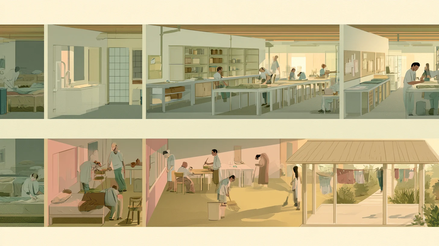 A wide cutaway recovery residence shows sleeping alcoves, washroom, worktables, pantry shelves, and a covered porch, with figures quietly doing daily tasks.