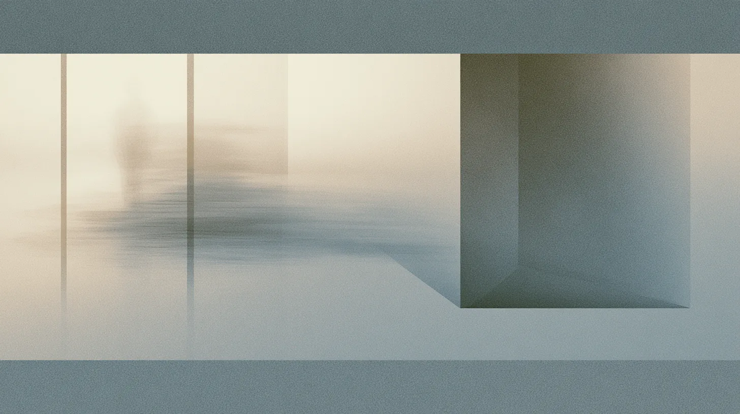 A blurred figure slowing within layered architectural space as movement gradually transitions into awareness and stillness.