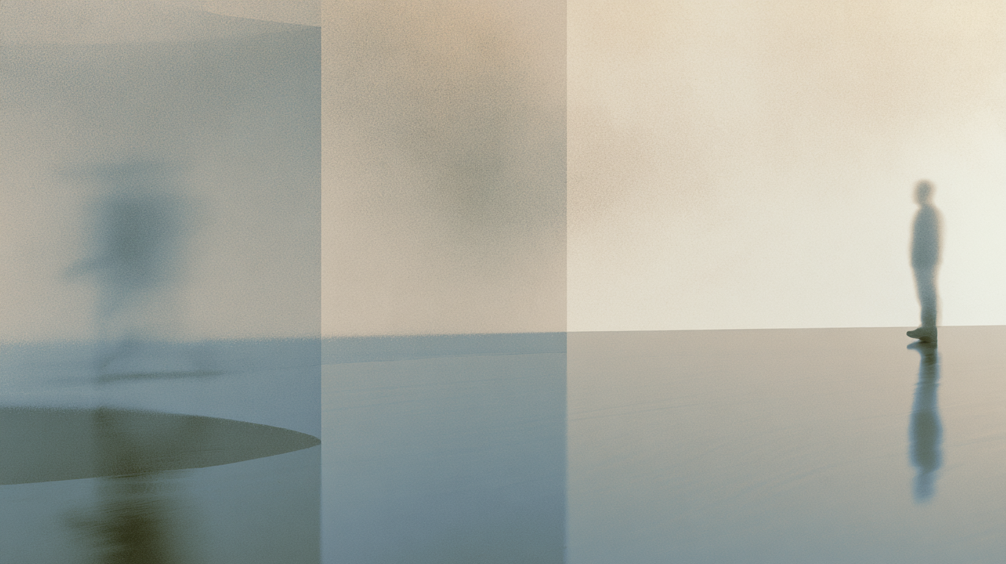 A blurred figure rushes through a reflective interior while another figure remains still in quiet awareness.