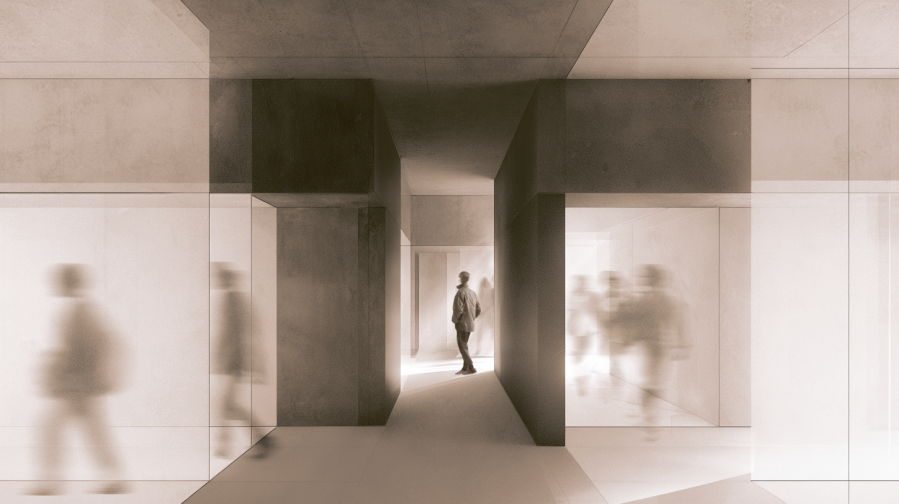 A solitary figure standing within a series of compressed minimalist corridors while blurred figures move rapidly through intersecting passageways, creating a sense of emotional momentum, narrowing awareness, and reactive movement.