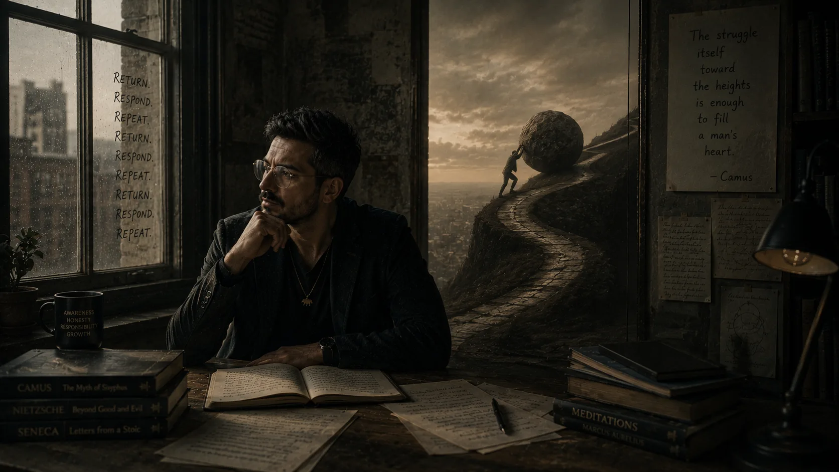 A reflective man sits in a dim philosophical study while a surreal landscape beyond the room shows Sisyphus repeatedly pushing a boulder uphill, symbolizing the recurring nature of struggle and the importance of conscious response.
