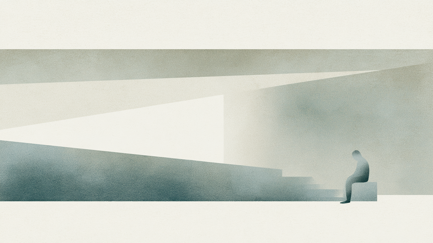 A solitary seated figure within a layered architectural interior shaped by soft natural light and subtle spatial progression.