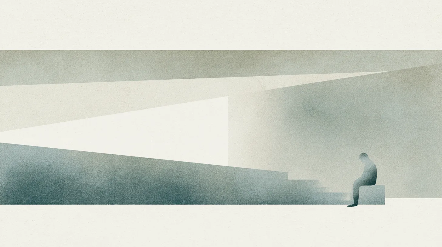 A solitary seated figure within a layered architectural interior shaped by soft natural light and subtle spatial progression.