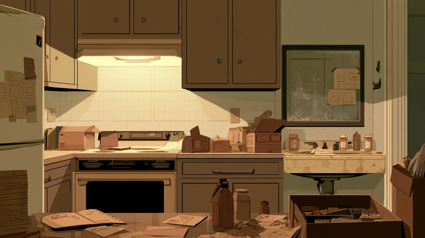 Dim apartment kitchen with scattered papers, open boxes, worn surfaces, and soft fluorescent light suggesting gradual personal reconstruction.