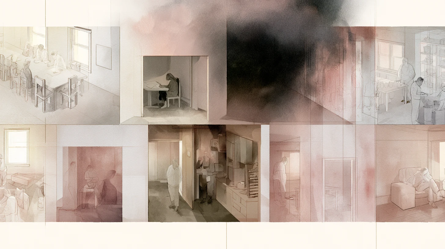 A layered communal recovery residence with small figures in separate rooms, pale daylight, rose-tinted partitions, and a dark clouded area spanning the upper interior.