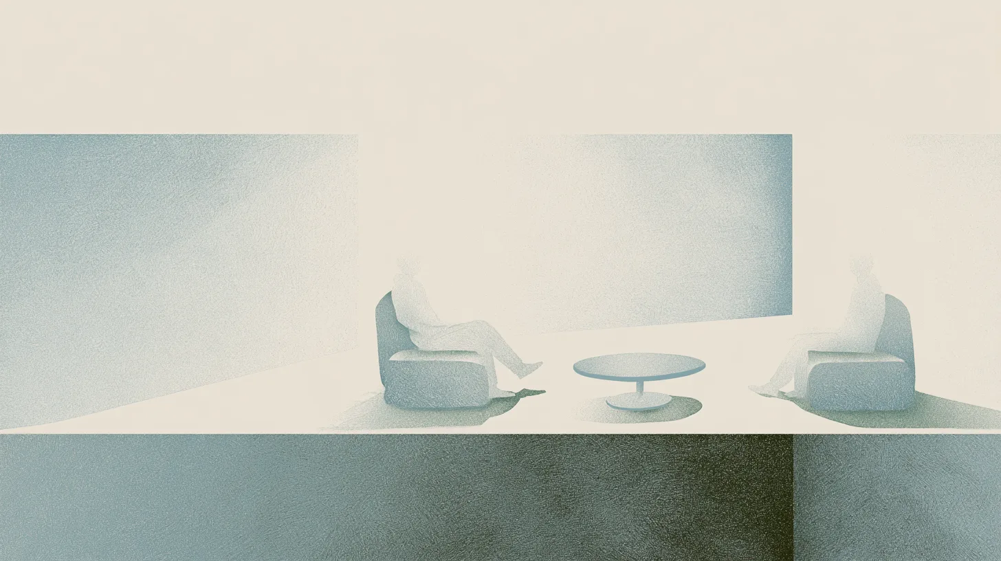 Two restrained human figures seated within a calm architectural environment, maintaining supportive connection while preserving healthy individual space.