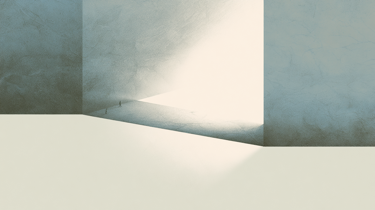 Tiny solitary figures moving through monumental architectural recovery spaces shaped by pathways, boundaries, and structured directional support.
