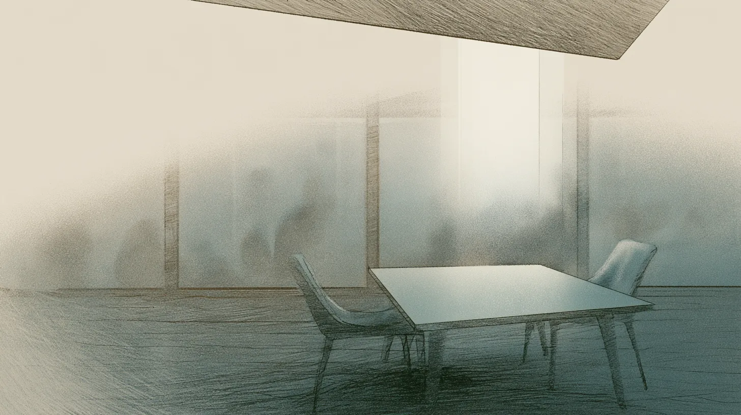 Blurred figures communicating behind translucent partitions while an empty table remains in the foreground.