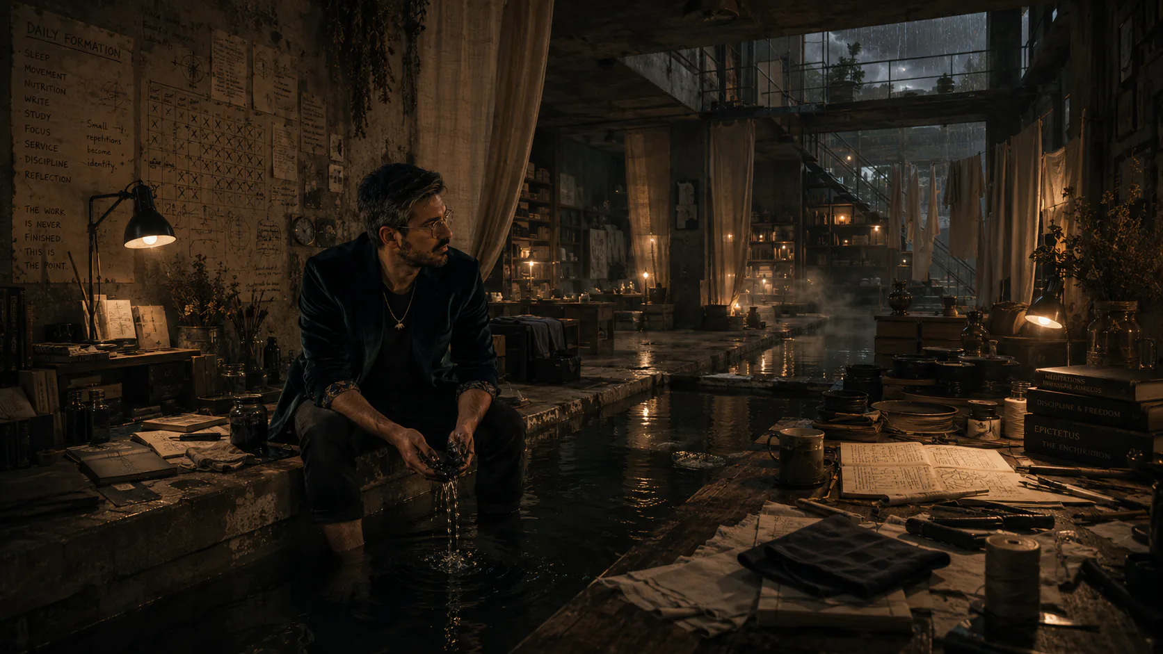 A solitary figure sits beside a long basin of still black water within a vast monastic workshop-library filled with repaired books, annotated journals, warm tungsten lamps, wet stone floors, and weathered architectural spaces shaped by repetition, maintenance, and disciplined care.