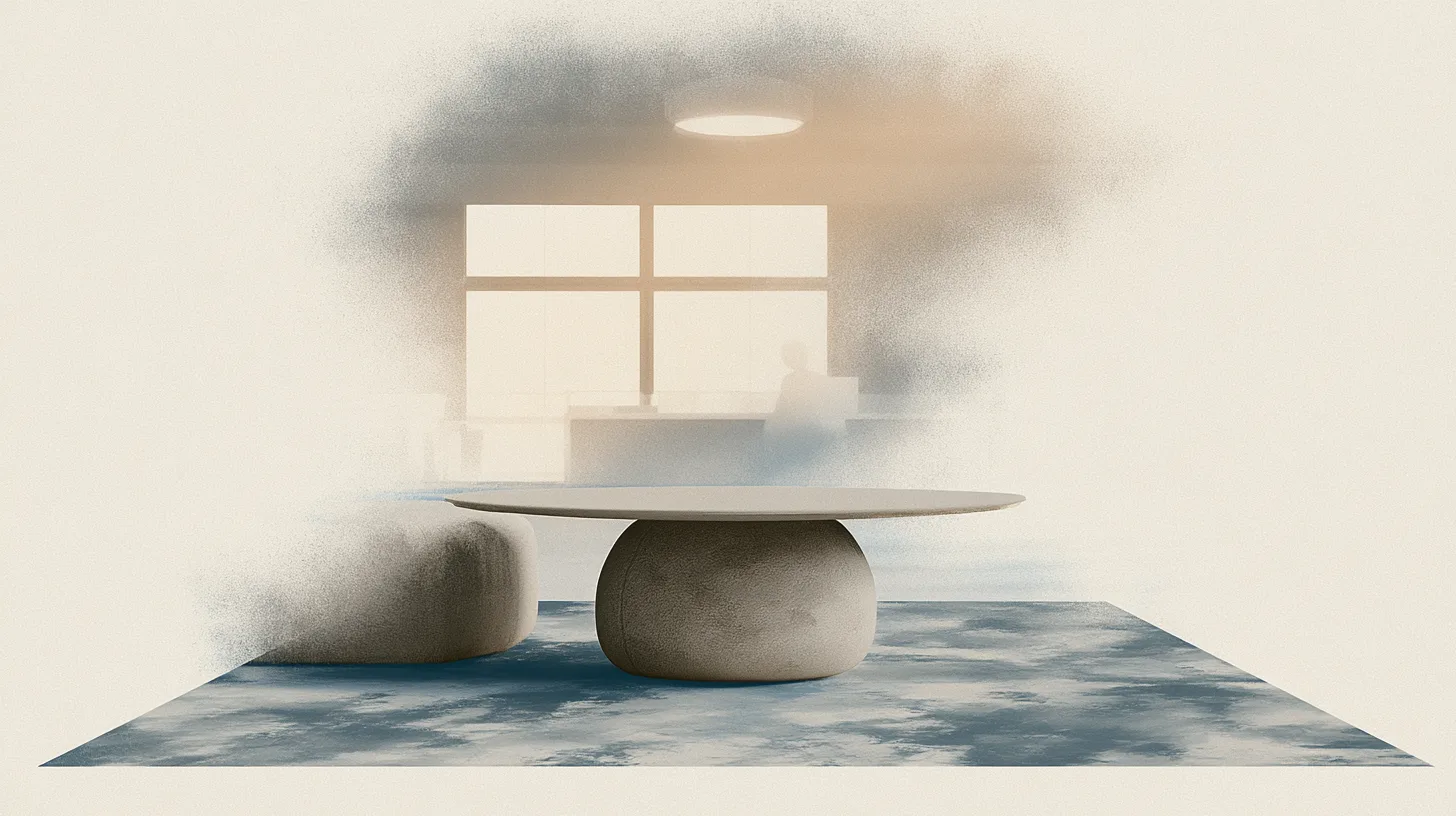 A quiet communal recovery interior with an empty foreground table and a distant blurred figure separated from the space.