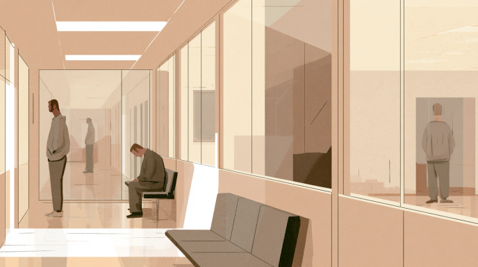 Quiet institutional hallway with seated and standing figures separated by reflective glass, capturing subtle emotional distance, expectation, and shared social reality.