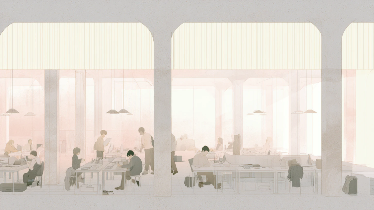 quiet communal workspace with multiple people engaged in disciplined participation while one solitary figure remains psychologically detached at the edge of the environment, muted cream pale gray warm stone and faded rose palette, restrained philosophical recovery atmosphere, symbolic tension between expectation and accountability, editorial psychological realism, soft grain, matte textures, translucent interiors and grounded human activity