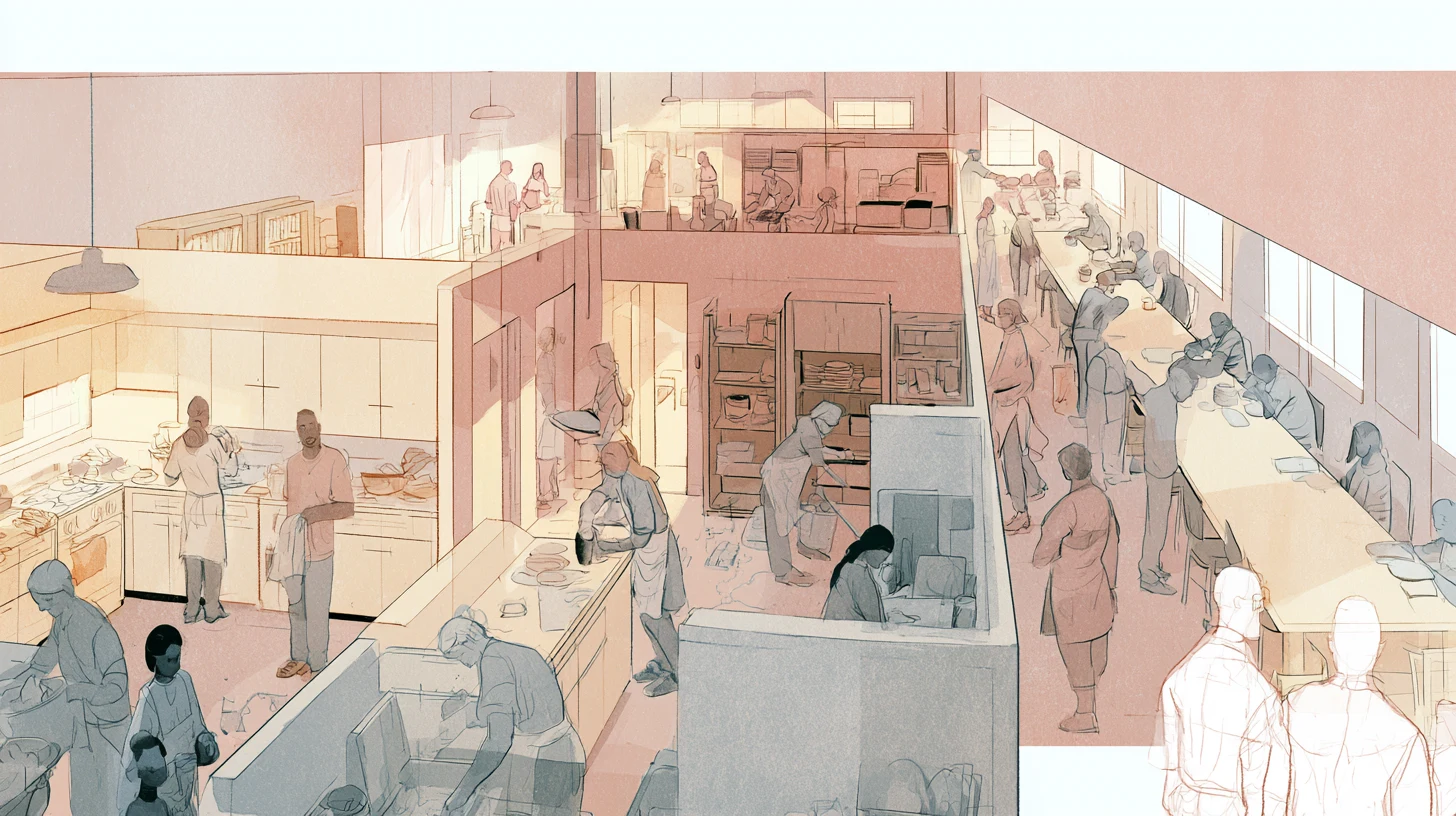 A layered communal residence shows people cooking, cleaning, organizing supplies, and eating together while two faint figures stand apart at the edge.