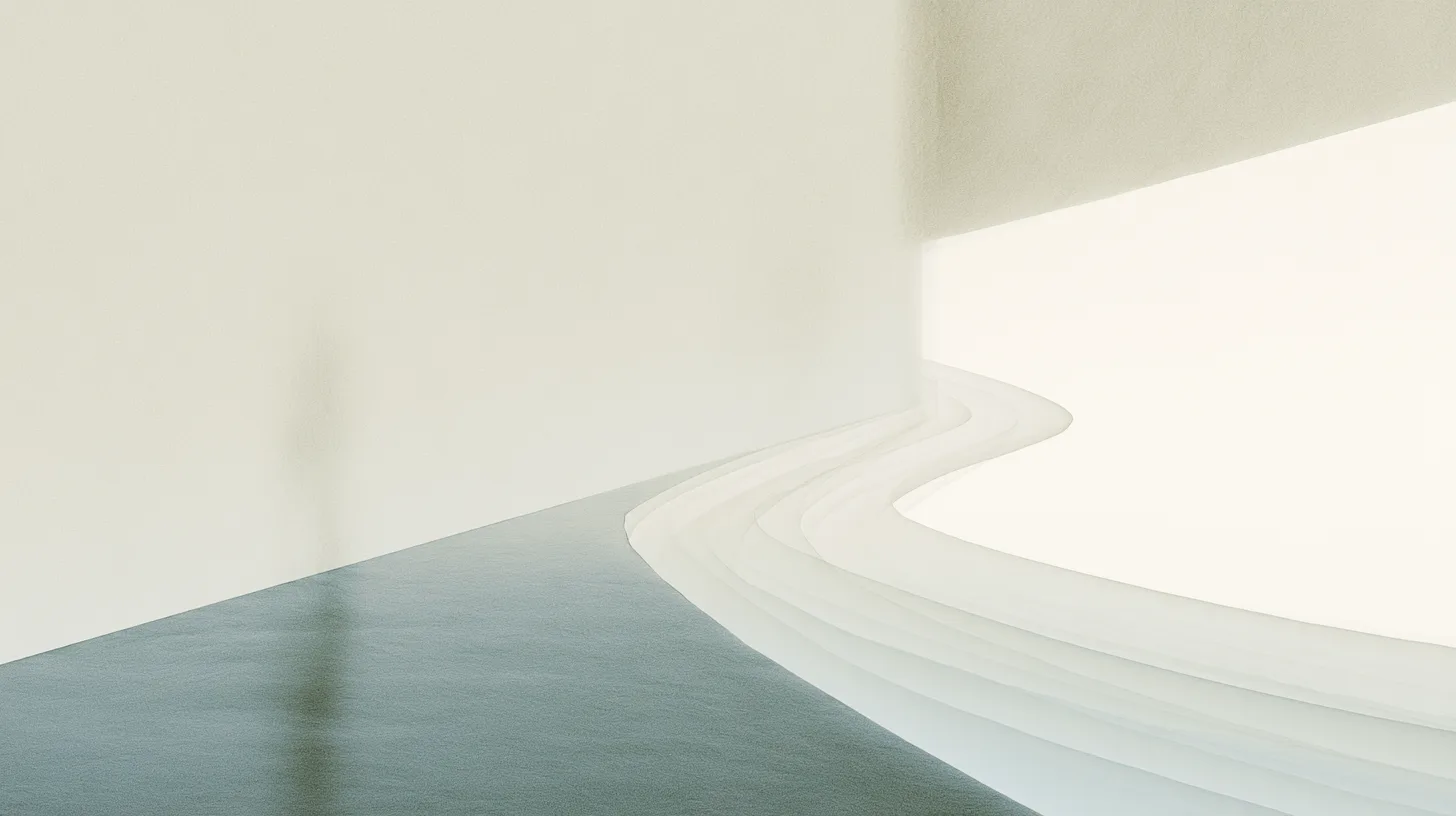 A blurred solitary figure stands near layered curved pathways within a quiet minimalist architectural environment.