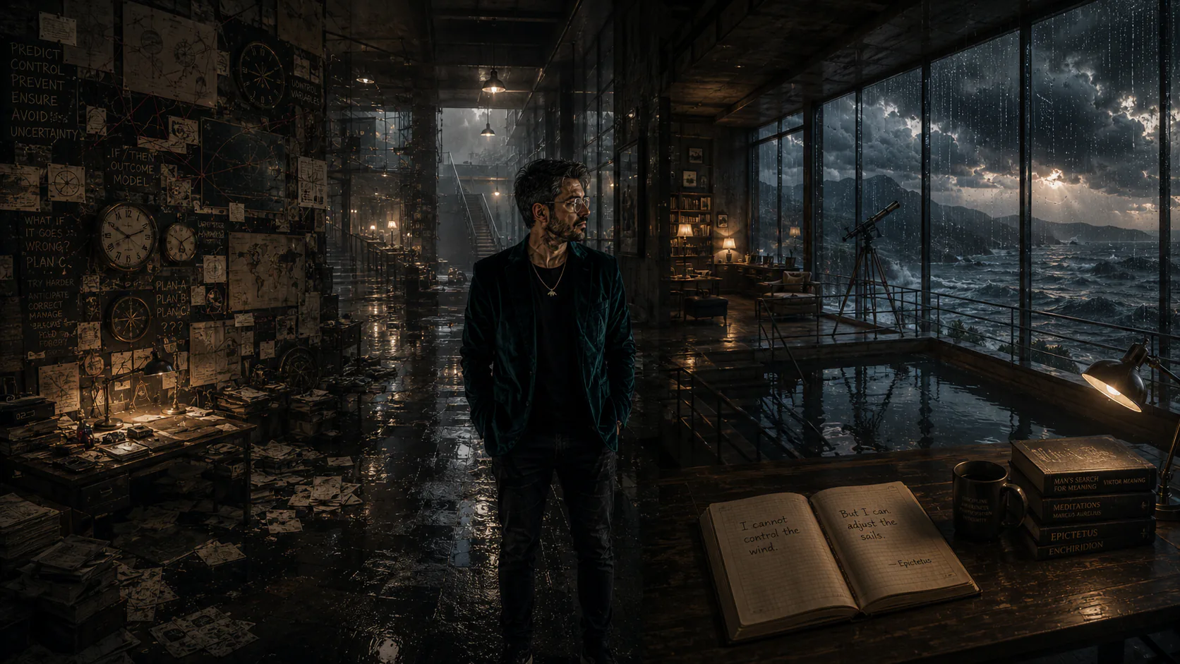 A solitary figure stands within a vast rain-darkened observatory interior where flooded reflective floors, scattered predictive diagrams, weather instruments, and unstable architectural spaces gradually give way to calmer reading rooms and quiet structural symmetry beneath soft tungsten light.