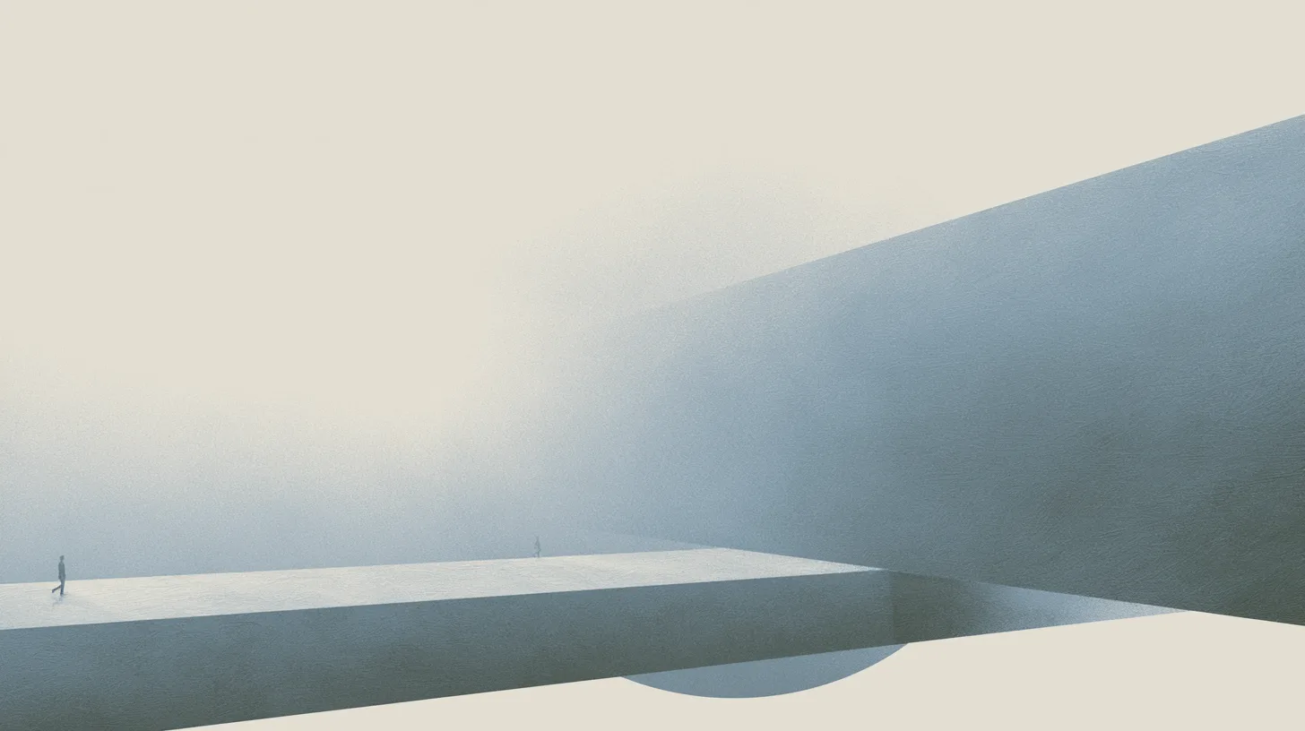 Tiny solitary figures moving through monumental suspended architectural pathways within a fog-filled recovery environment shaped by structure, direction, and gradual alignment.