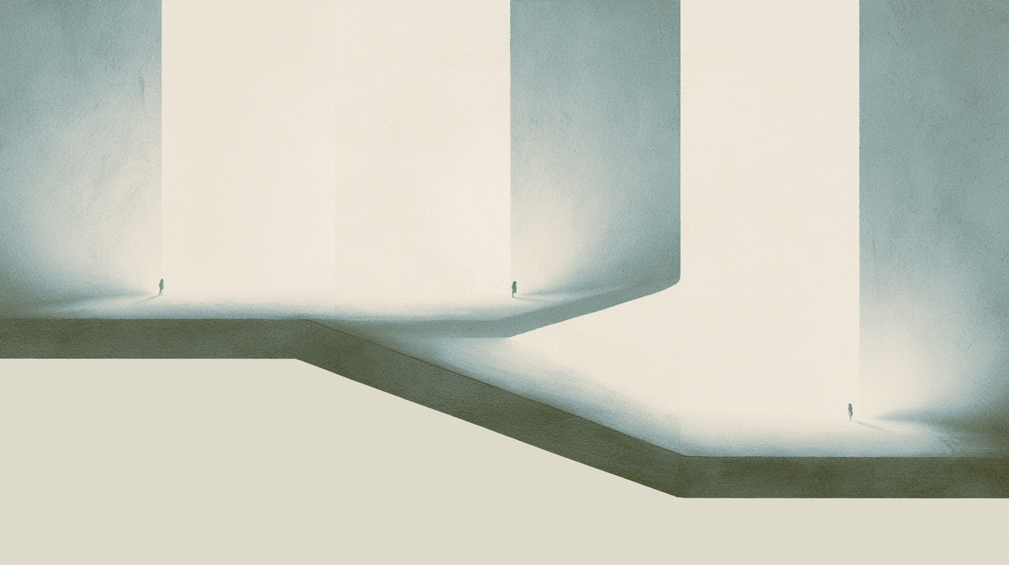 Tiny solitary figures repeatedly traversing monumental architectural pathways that gradually organize into coherent directional continuity.
