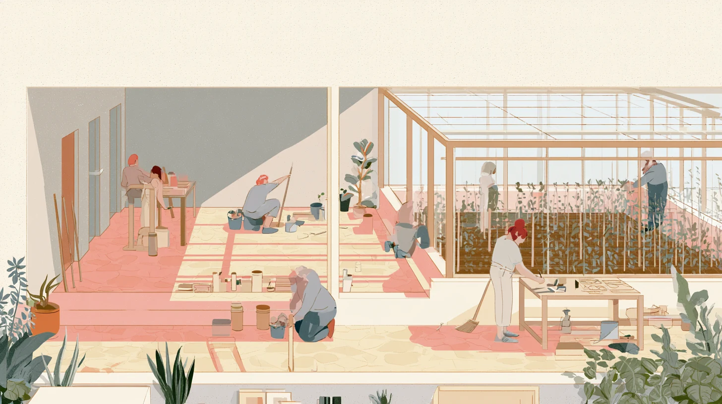 A softly lit communal workroom with shelves, tables, supplies, and several figures quietly writing, organizing, and repairing ordinary household items.