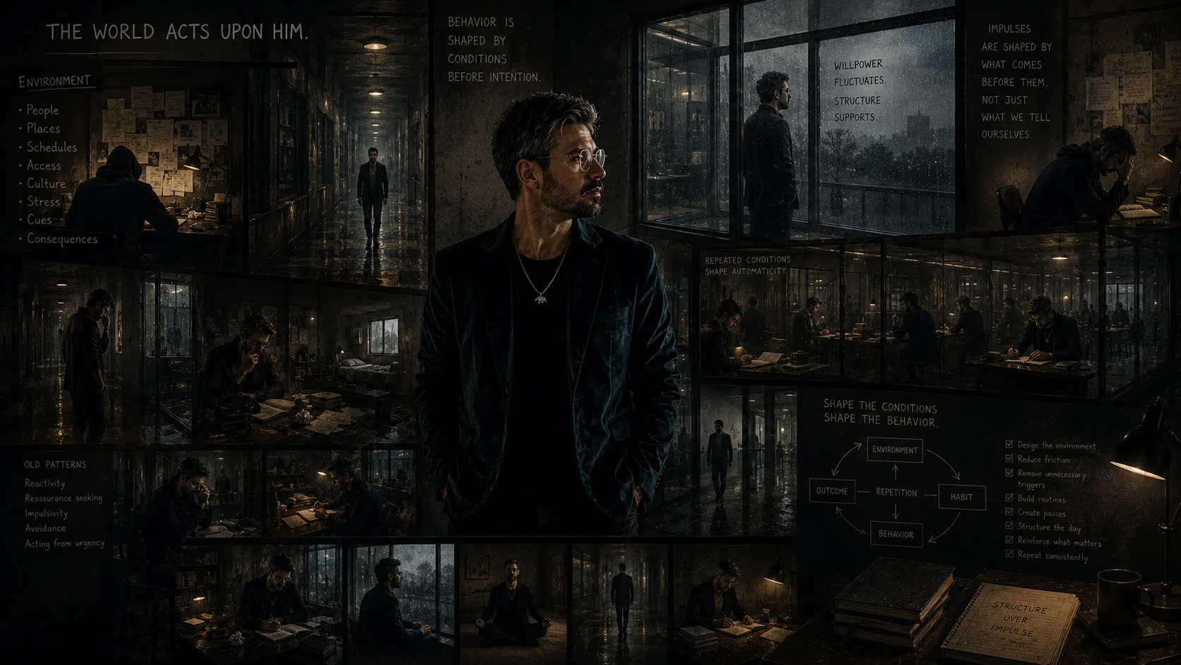 A restrained philosophical portrait of a man standing within a vast recursive institutional architecture filled with observation corridors, reflective glass, dim workspaces, repeating hallways, structured environments, and layered versions of himself moving through routines, pauses, and behavioral patterns shaped by surrounding conditions.