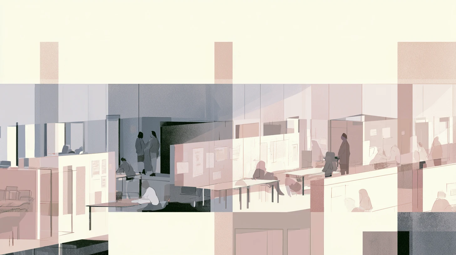 Layered communal interior with pale partitions, scattered seated figures, and a darker side conversation set against calmer daylight and open work areas.