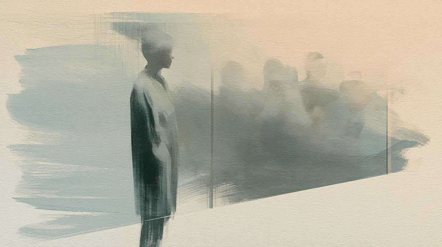 A solitary figure standing before blurred communal forms that resemble fading memories and past identity.