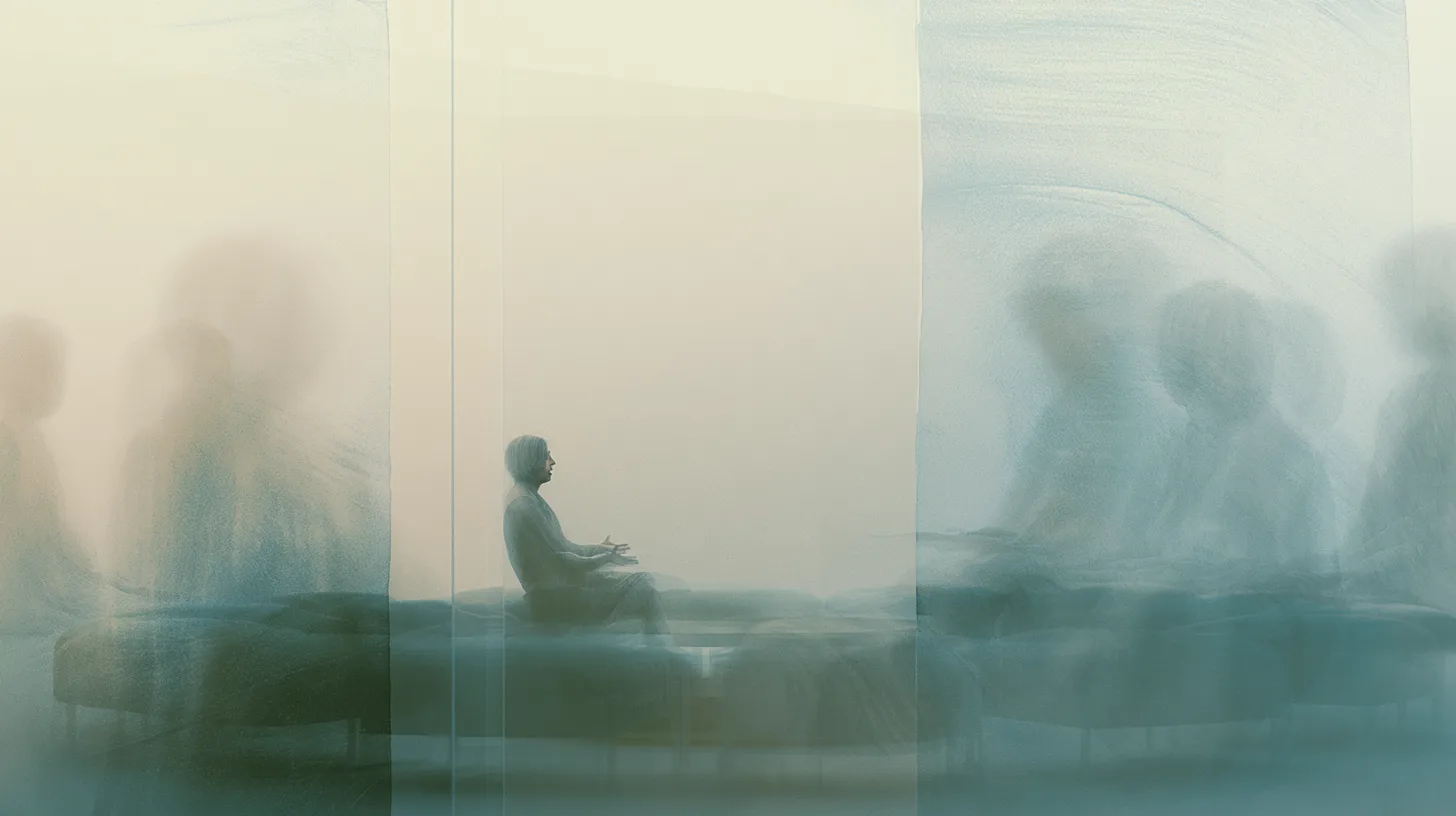 A seated figure reflects quietly within a blurred communal space filled with fading human silhouettes.