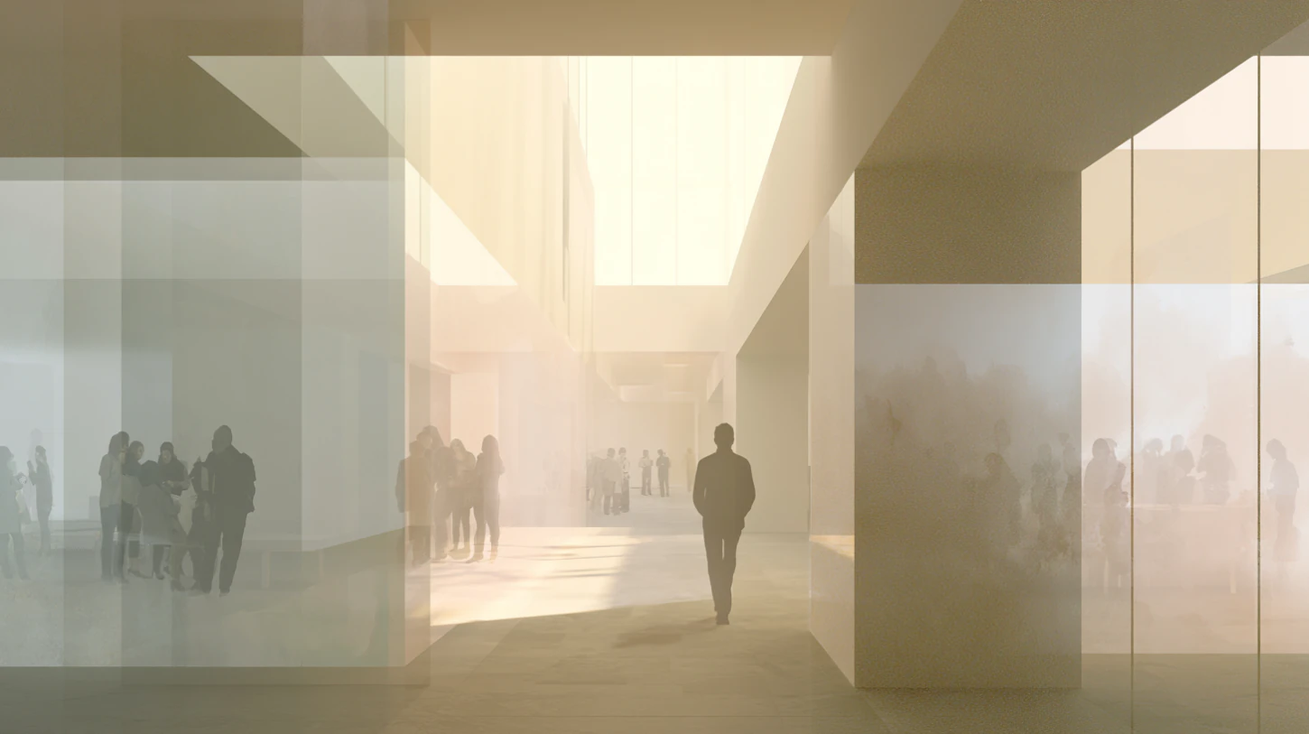 A solitary figure walks forward through a soft-lit architectural corridor while blurred groups remain behind translucent surfaces.