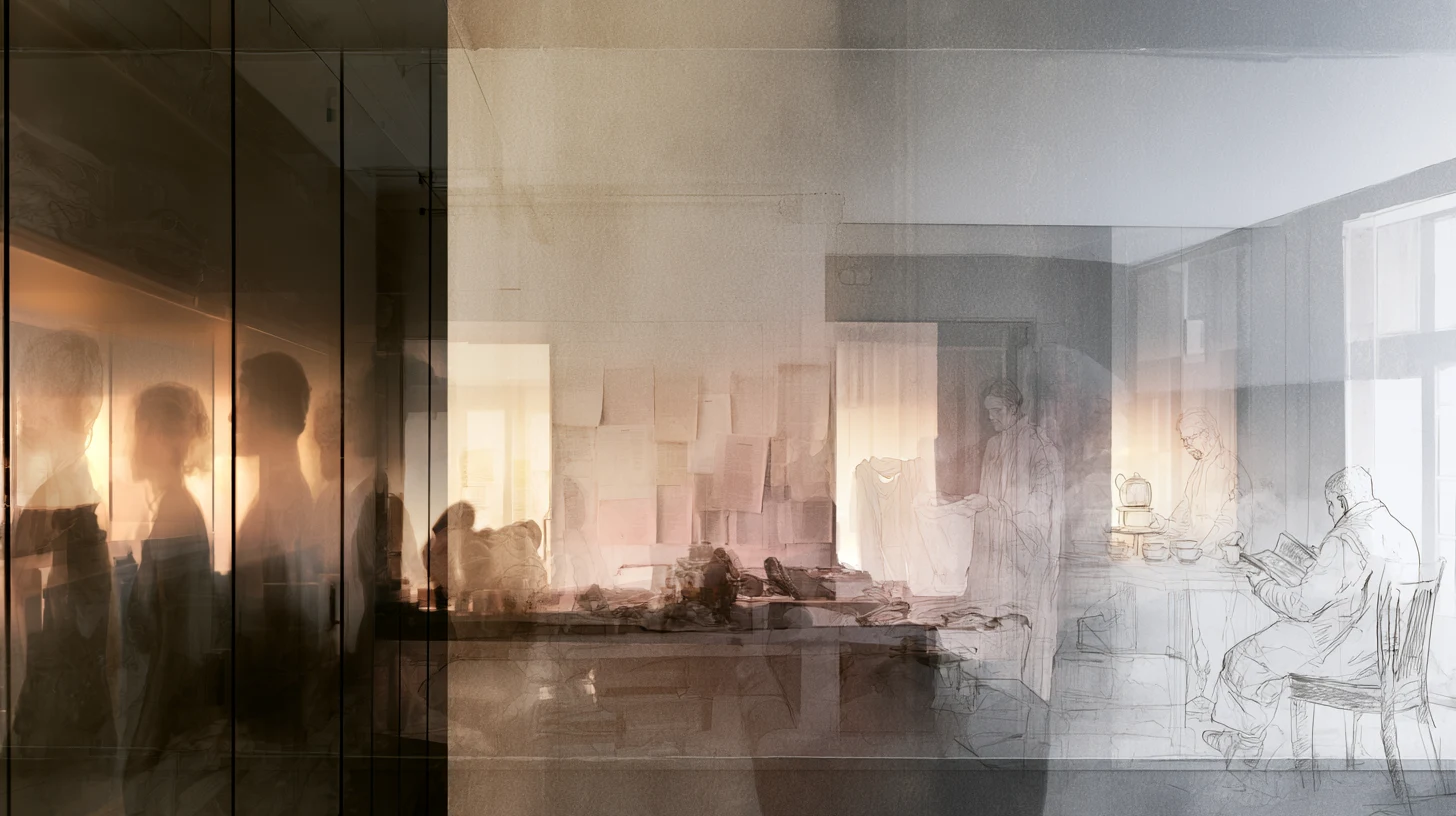 A layered communal interior shows dark reflected silhouettes on the left, scattered papers in the center, and lightly sketched figures in brighter rooms on the right.