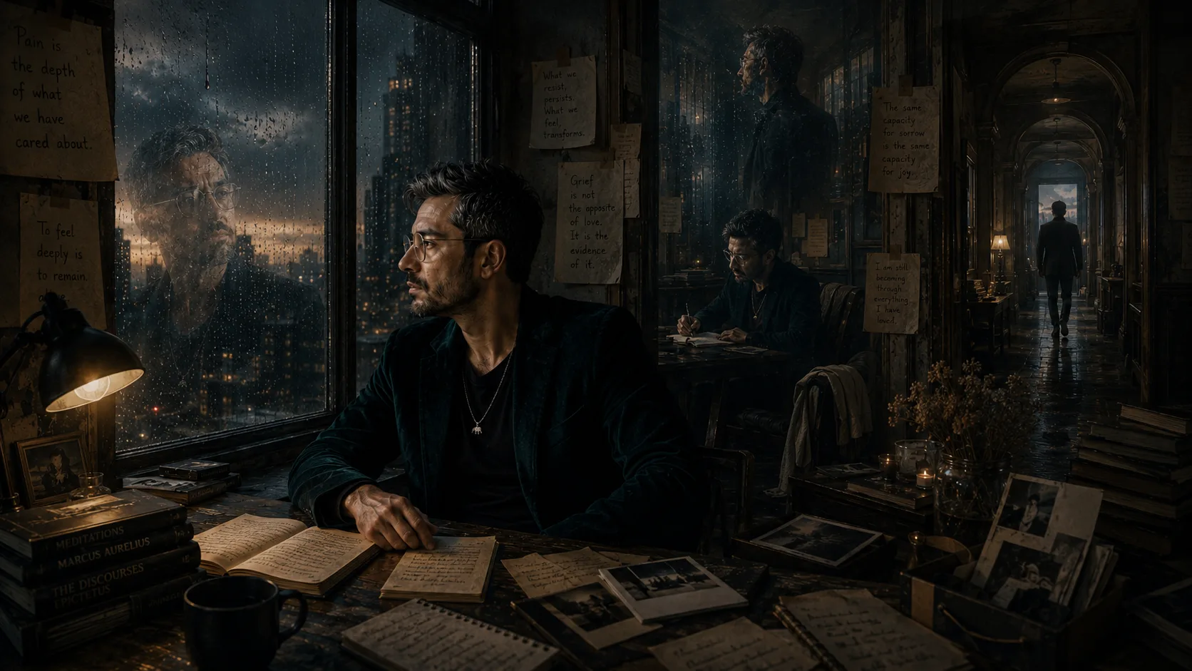 A man sits in a dim rain-soaked study surrounded by journals, photographs, handwritten notes, layered reflections, and a distant hallway figure.