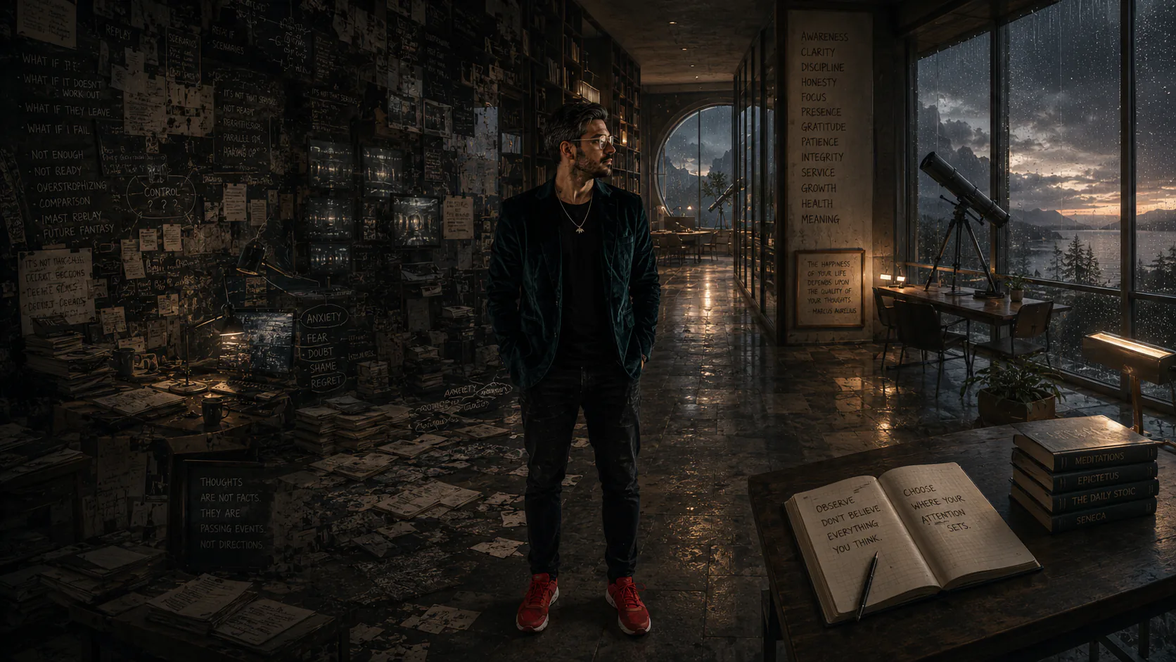 A contemplative man stands between a psychologically crowded archive of layered thoughts and a calm rain-lit observatory interior, as the surrounding environment gradually transforms from mental turbulence into clarity, structure, and emotional steadiness.