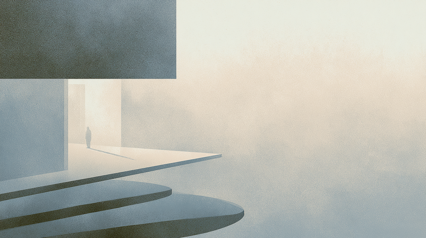A solitary figure moving through layered architectural spaces that gradually open into wider forms of grounded participation and perceptual clarity.